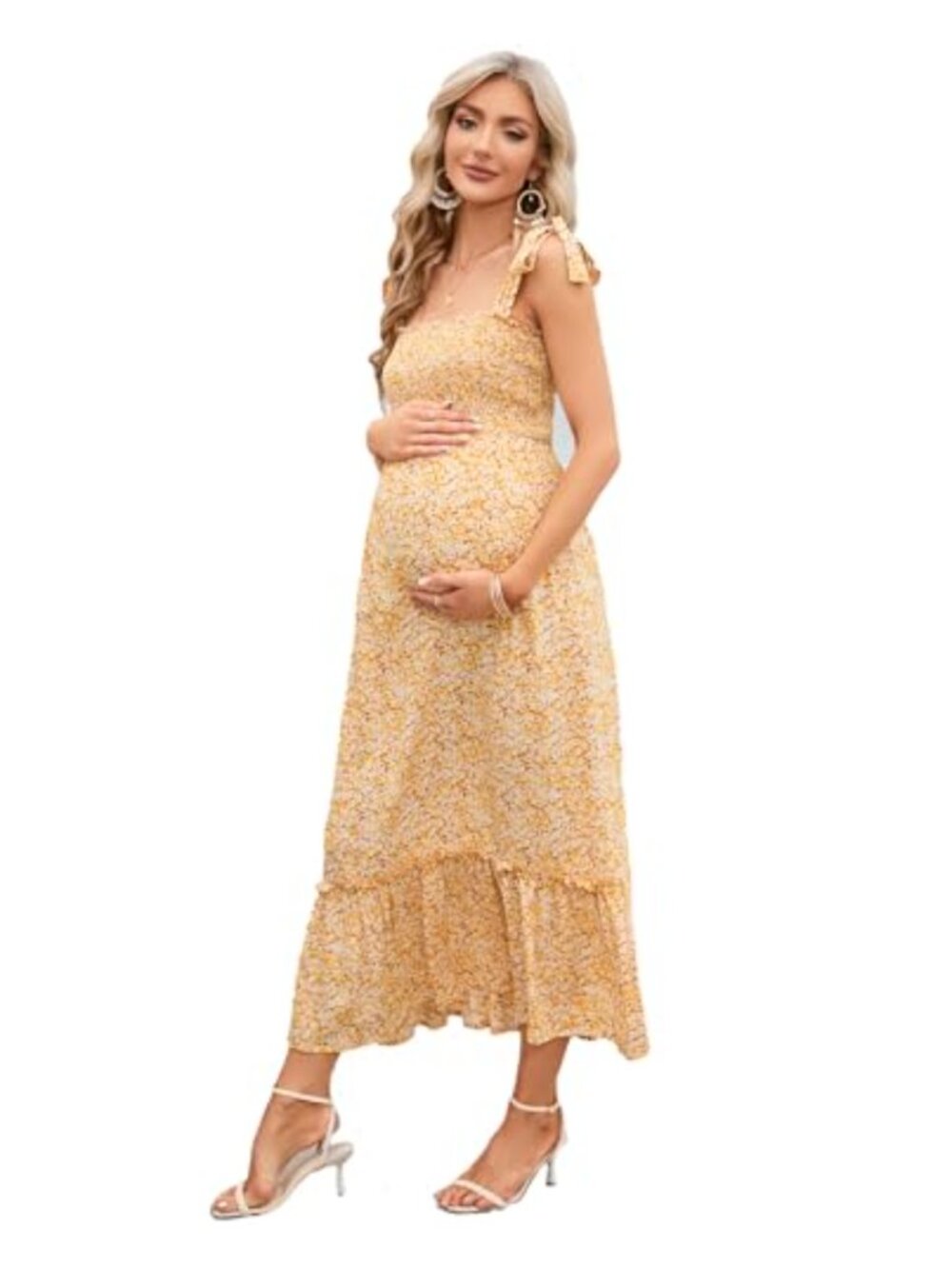 Maternity Smocked Boho Midi Dress Sleeveless Floral Maxi Baby Shower Photoshoot
